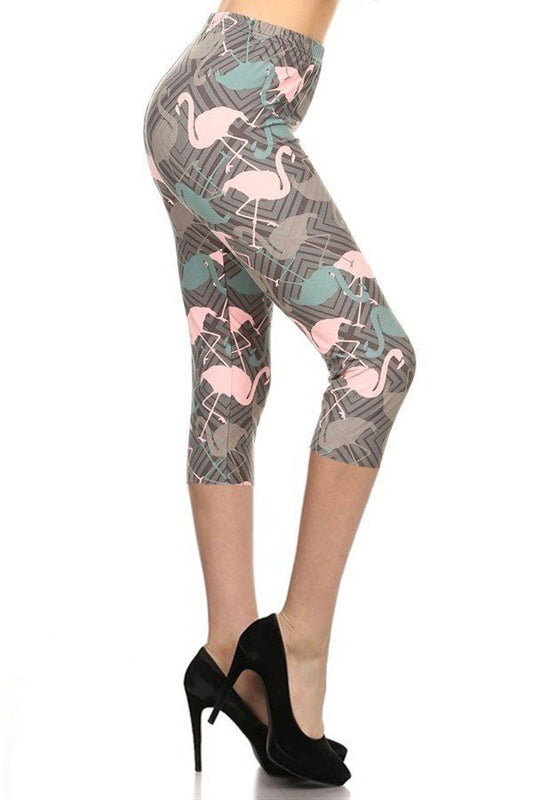 Flamingos Printed Knit Capri Legging With Elastic Waistband - Absolute Fashion 2020