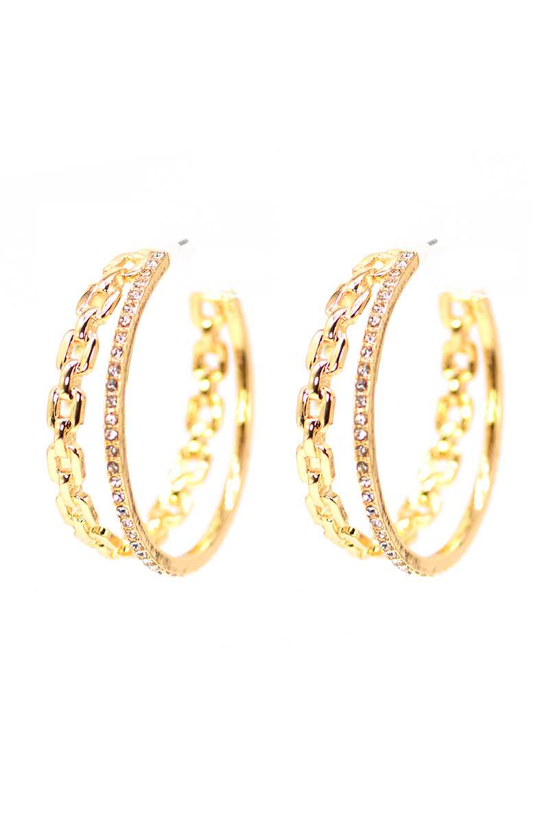 Double Chain And Rhinestone Ring Open Metal Hoop Earring - Absolute Fashion 2020