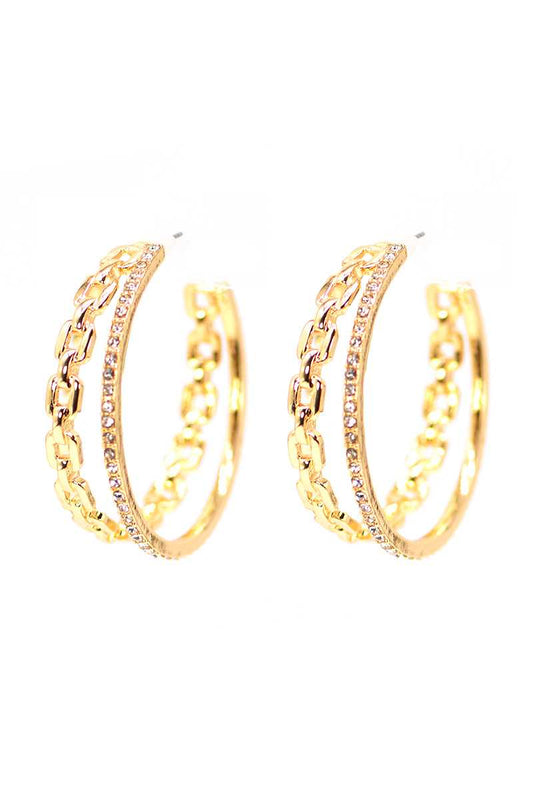 Double Chain And Rhinestone Ring Open Metal Hoop Earring - Absolute Fashion 2020