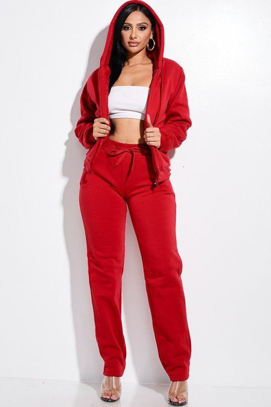 Solid French Terry Zip Front Faux Fur Lined Jacket And Pants 2 Piece Set - Absolute Fashion 2020