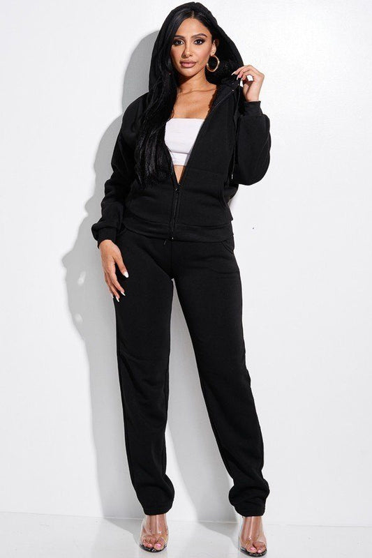 Solid French Terry Zip Front Faux Fur Lined Jacket And Pants 2 Piece Set - Absolute Fashion 2020