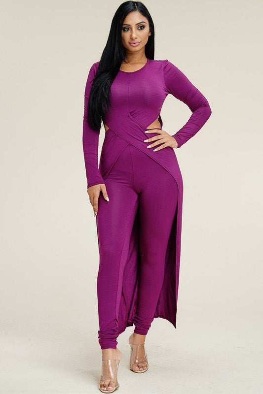 Solid Heavy Rayon Spandex Long Sleeve Crossed Over Long Top And Leggings 2 Piece Set - Absolute Fashion 2020