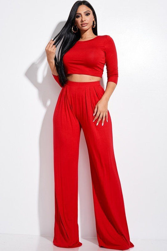 Solid 3/4 Sleeve Top And Wide Leg Pleated Pants Two Piece Set - Absolute Fashion 2020