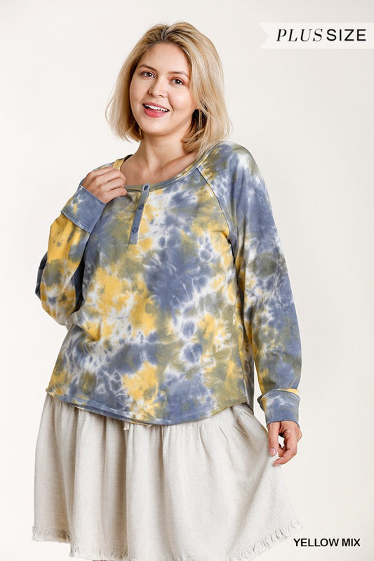 Tie-dye Button Front Long Raglan Sleeve Top With Raw Hem - Absolute Fashion 2020