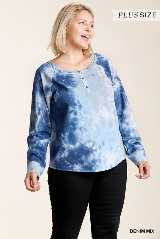 Tie-dye Button Front Long Raglan Sleeve Top With Raw Hem - Absolute Fashion 2020