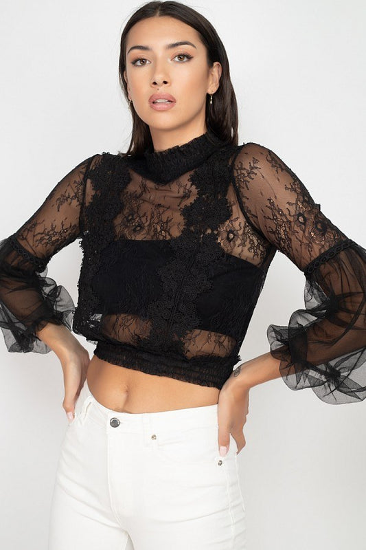 Lace Trim Balloon Sleeve Smocked Top - Absolute Fashion 2020