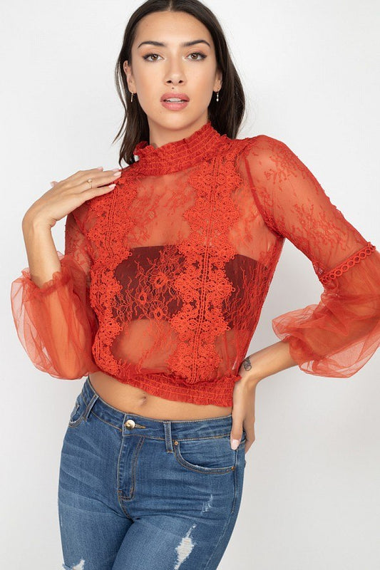 Lace Trim Balloon Sleeve Smocked Top - Absolute Fashion 2020