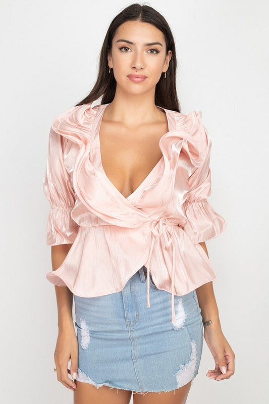 Surplice Short Sleeve Ruffle Top - Absolute Fashion 2020