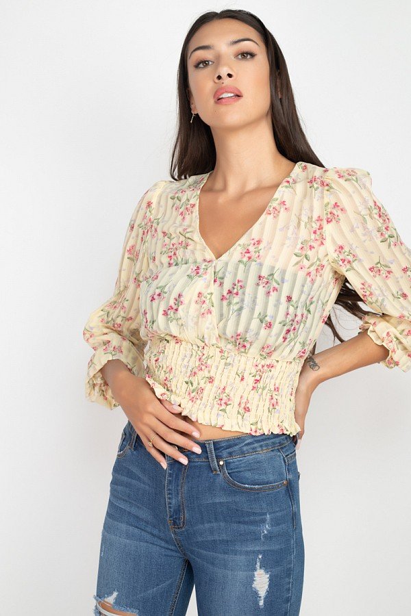 Floral Shadow Stripe V-neck Top - Absolute Fashion 2020