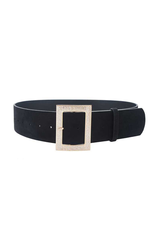 Rectangle Rhinestone Buckle Suede Belt - Absolute Fashion 2020