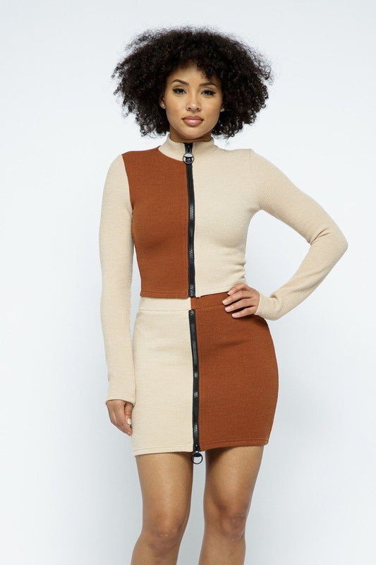 Rib Color Block Mock Neck Long Sleeve High-waist Mini Skirt With Front Zipper Set - Absolute Fashion 2020