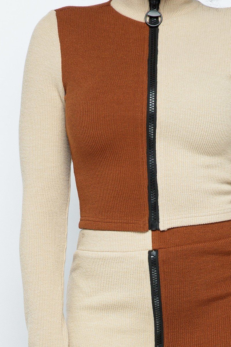 Rib Color Block Mock Neck Long Sleeve High-waist Mini Skirt With Front Zipper Set - Absolute Fashion 2020
