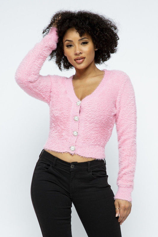 Eyelash Knit Cropped Cardigan With Pearl Button Details - Absolute Fashion 2020