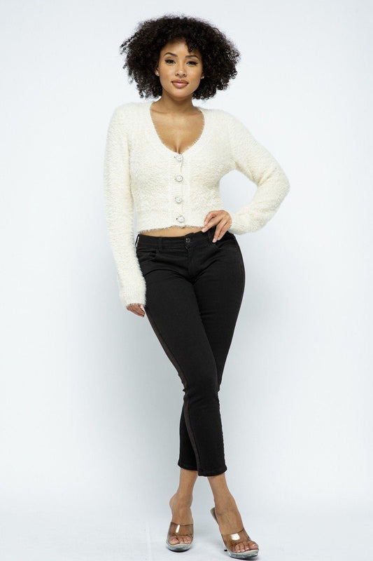Eyelash Knit Cropped Cardigan With Pearl Button Details - Absolute Fashion 2020