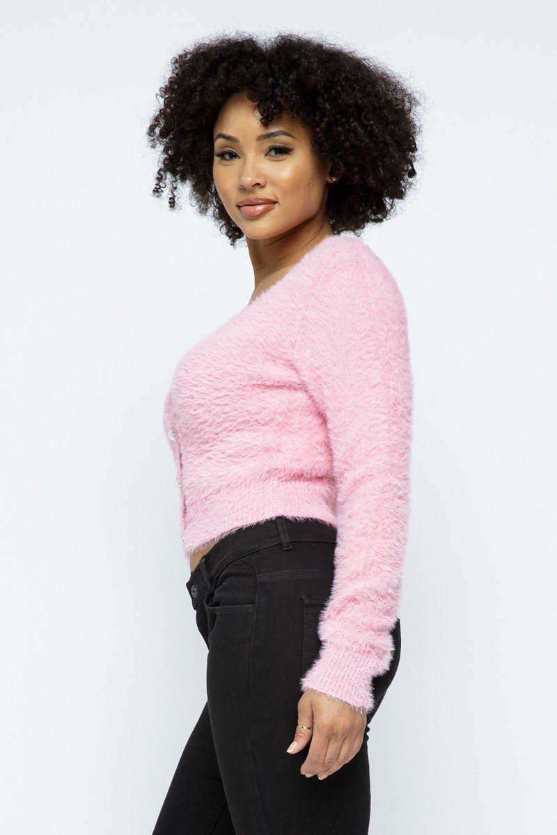 Eyelash Knit Cropped Cardigan With Pearl Button Details - Absolute Fashion 2020