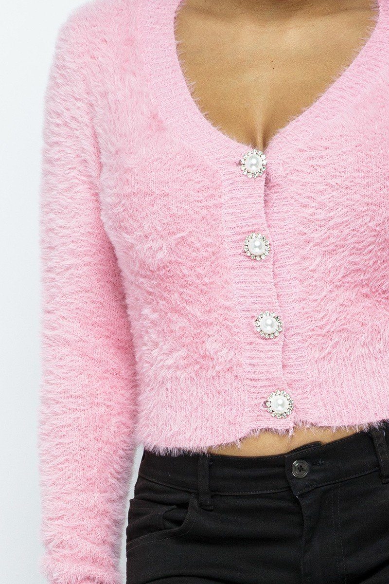 Eyelash Knit Cropped Cardigan With Pearl Button Details - Absolute Fashion 2020