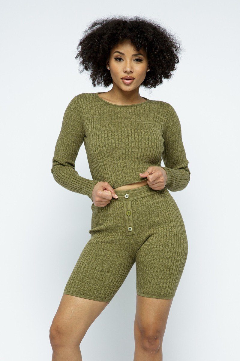 Knit Long Sleeve Cropped Top Knit High-waist Biker Shorts Set - Absolute Fashion 2020