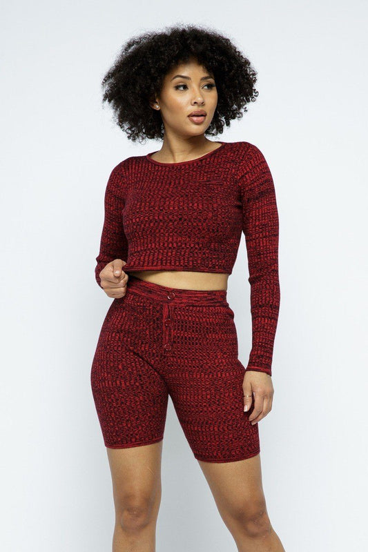 Knit Long Sleeve Cropped Top Knit High-waist Biker Shorts Set - Absolute Fashion 2020