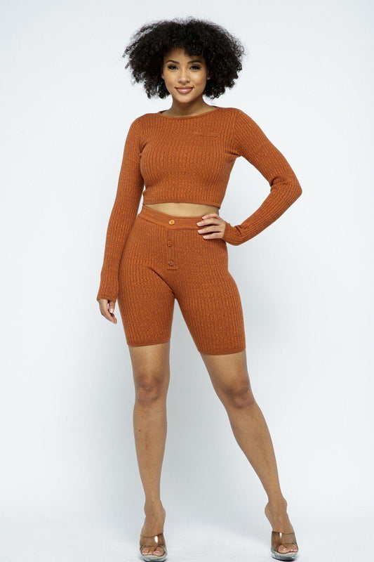 Knit Long Sleeve Cropped Top Knit High-waist Biker Shorts Set - Absolute Fashion 2020