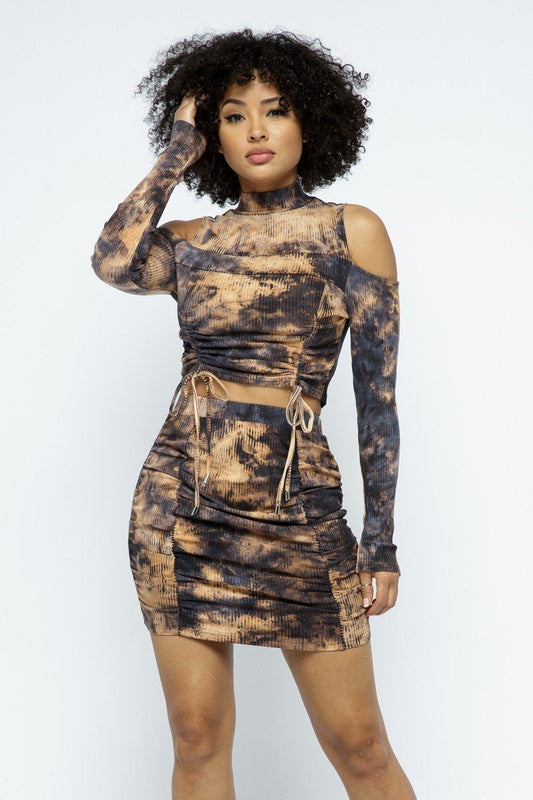 Tie Dye Open Shoulder Long Sleeve Top And Matching Skirt W Ruching Details - Absolute Fashion 2020
