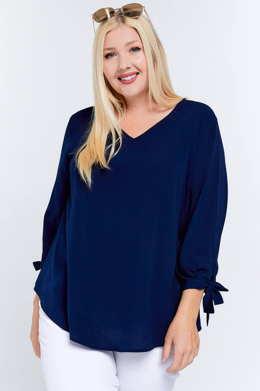 Solid V-neck 3/4 Sleeve Tie Accent Blouse Top - Absolute Fashion 2020