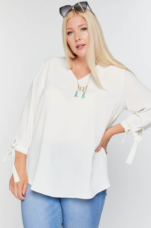 Solid V-neck 3/4 Sleeve Tie Accent Blouse Top - Absolute Fashion 2020