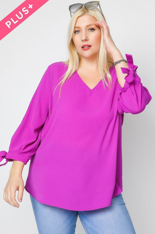 Solid V-neck 3/4 Sleeve Tie Accent Blouse Top - Absolute Fashion 2020