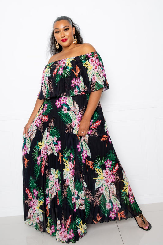 Tropical Printed Off Shoulder Pleated Maxi Dress - Absolute Fashion 2020