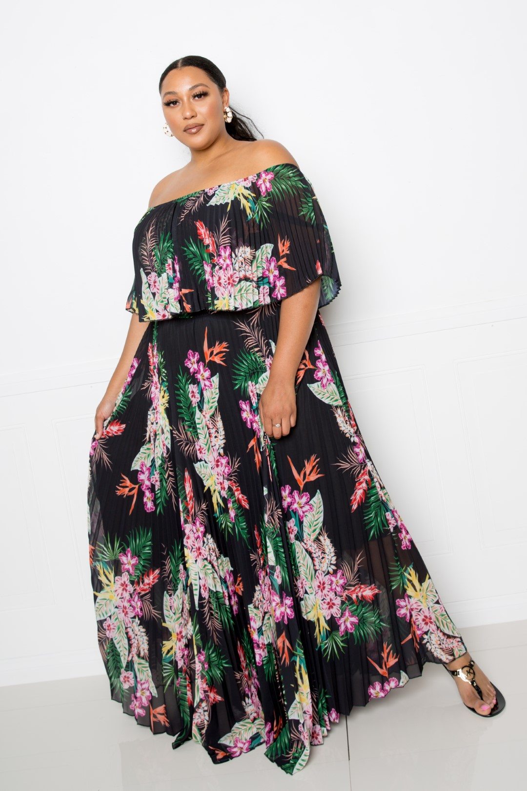 Tropical Printed Off Shoulder Pleated Maxi Dress - Absolute Fashion 2020