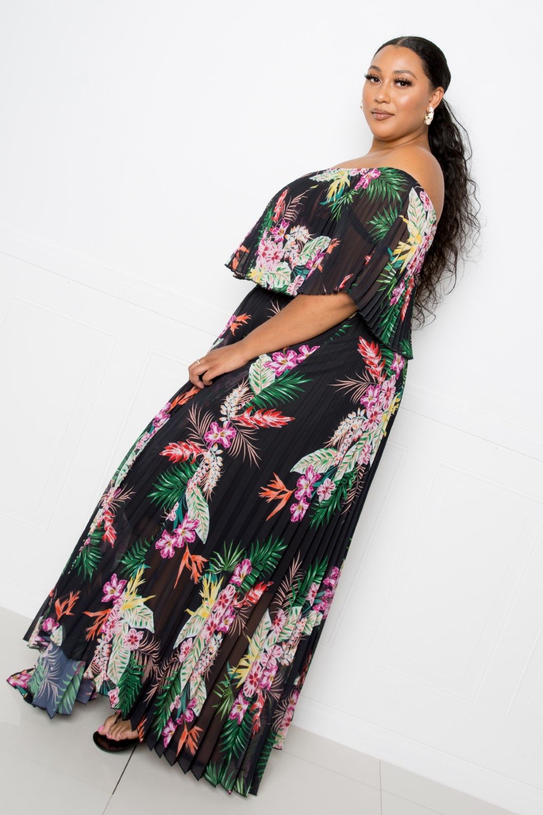 Tropical Printed Off Shoulder Pleated Maxi Dress - Absolute Fashion 2020