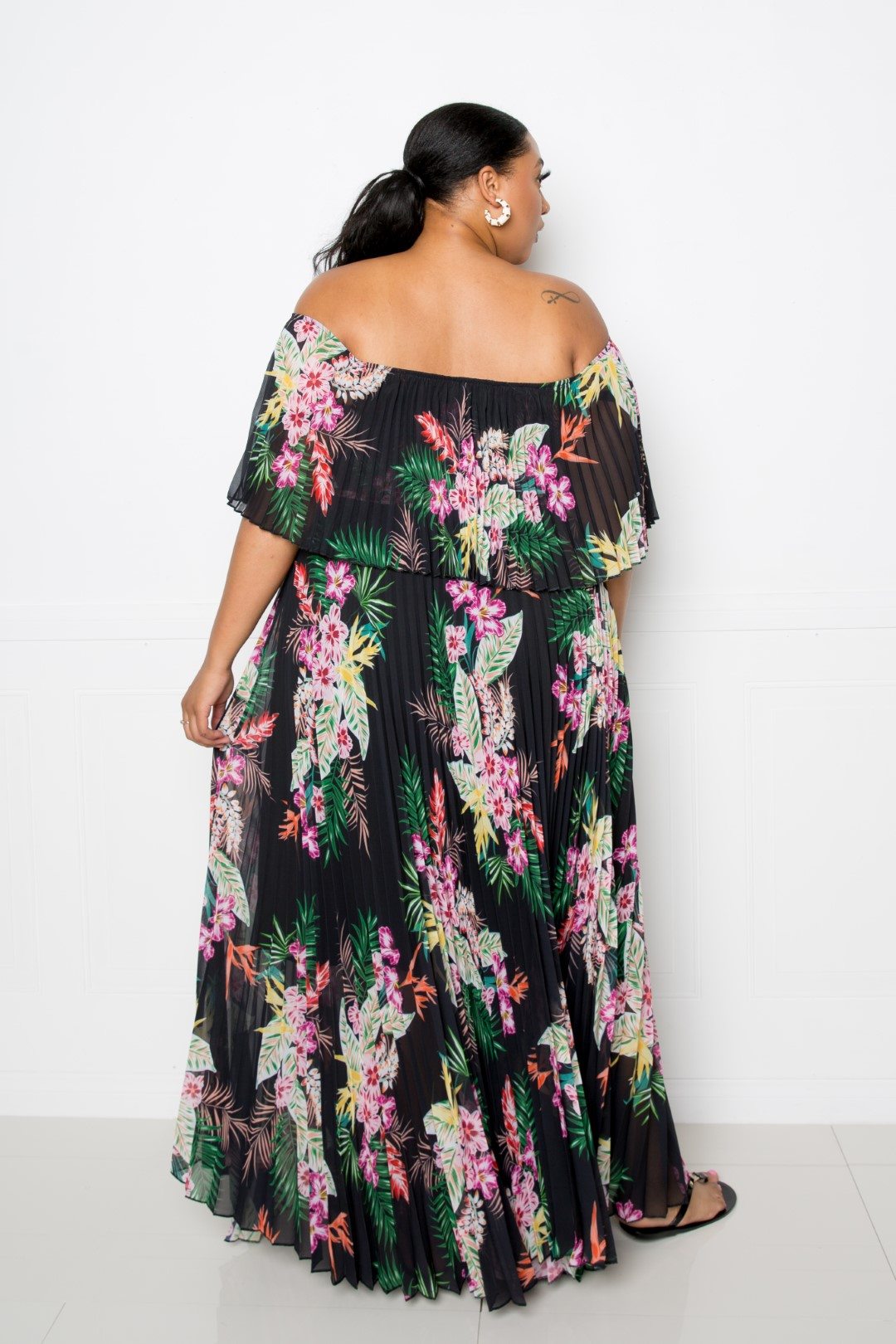 Tropical Printed Off Shoulder Pleated Maxi Dress - Absolute Fashion 2020
