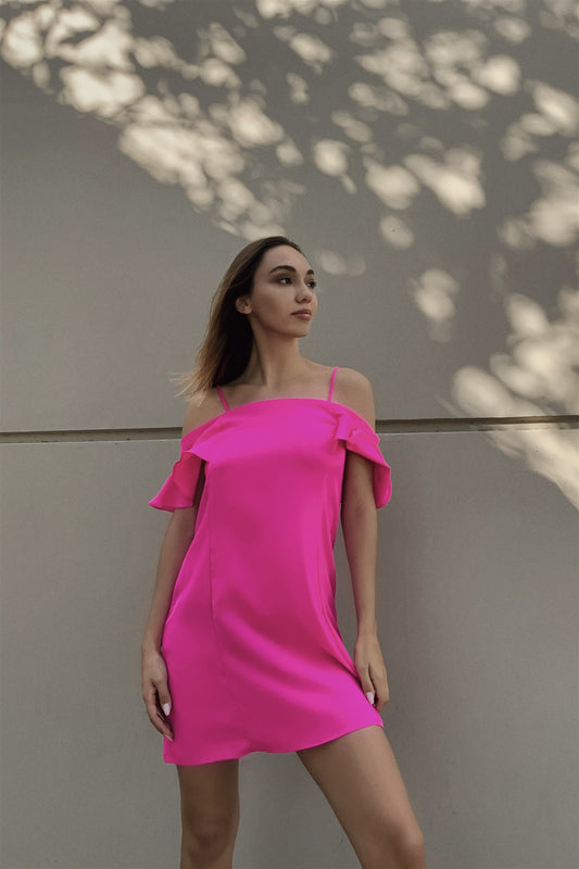 Hot Pink Cold Shoulder Ruffle Mini Shift Dress - Absolute Fashion 2020