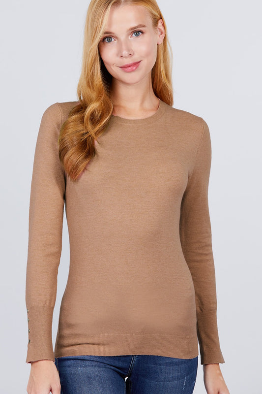 Crew Neck Sweater W/rivet Button - Absolute Fashion 2020