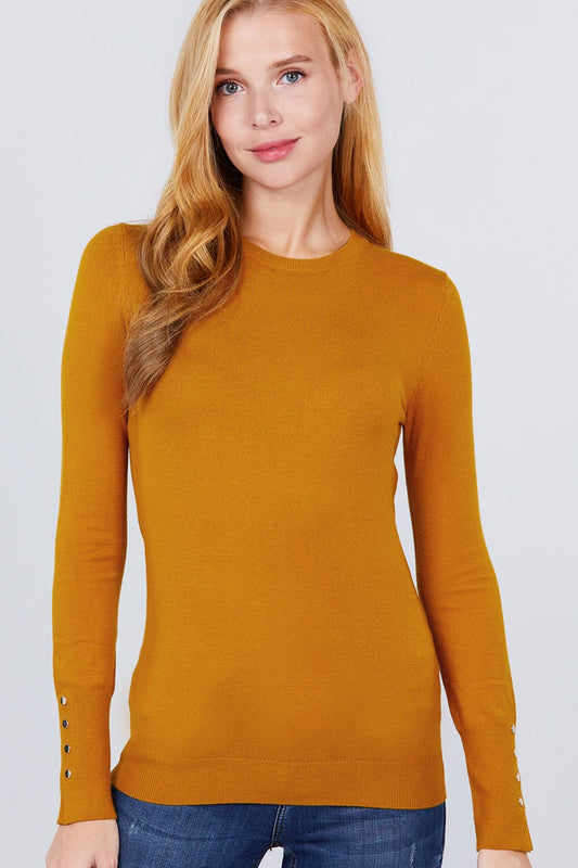 Crew Neck Sweater W/rivet Button - Absolute Fashion 2020
