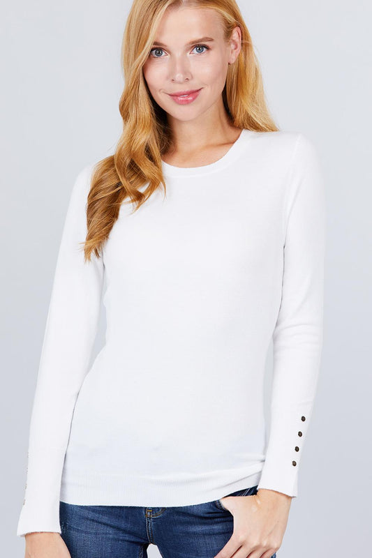 Crew Neck Sweater W/rivet Button - Absolute Fashion 2020