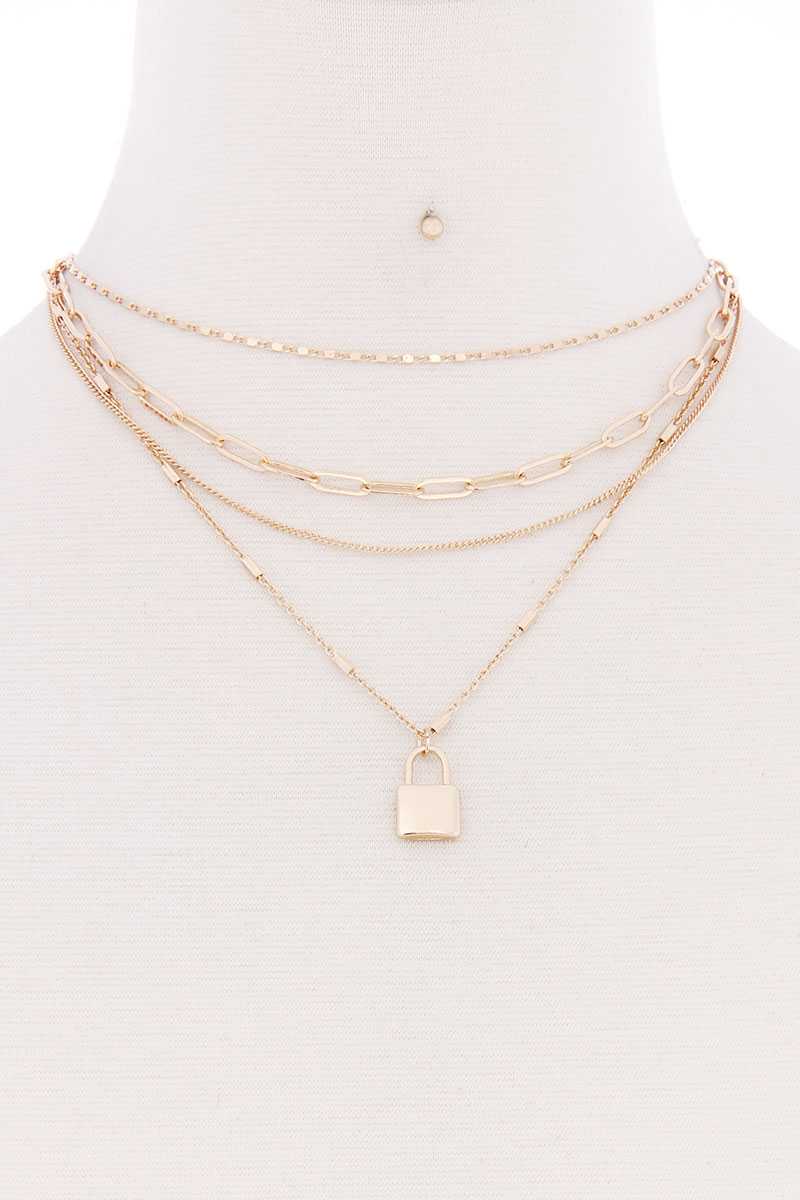 4 Layered Chain With Lock Pendant Necklace - Absolute Fashion 2020