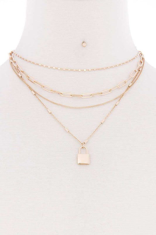 4 Layered Chain With Lock Pendant Necklace - Absolute Fashion 2020