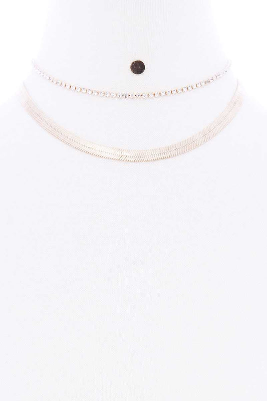 Herringbone Rhinestone Chain 2 Layered Necklace Earring Set - Absolute Fashion 2020