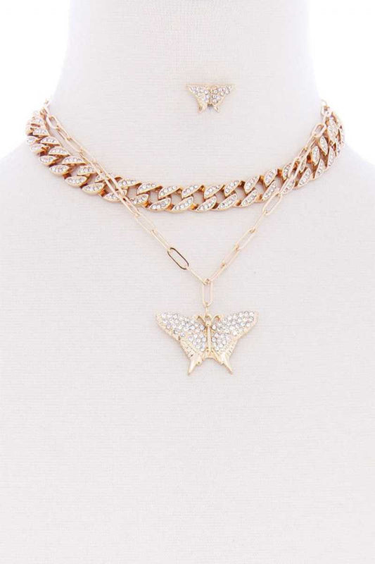 Rhinestone Studded Link Chain With Butterfly Pendant Necklace Earring Set - Absolute Fashion 2020