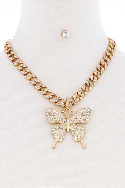 Rhinestone Butterfly Chunky Chain Necklace With Earring Set - Absolute Fashion 2020