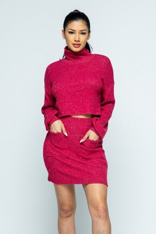 Brushed Knit Mock Neck Drop Shoulder Top With Front Pocket Mini Skirt Set - Absolute Fashion 2020