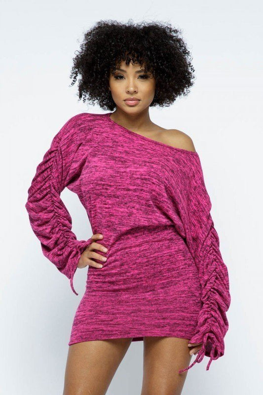 Hacci Brushed Long Slv Shirred Boat Neck Dolman Mini Dress - Absolute Fashion 2020