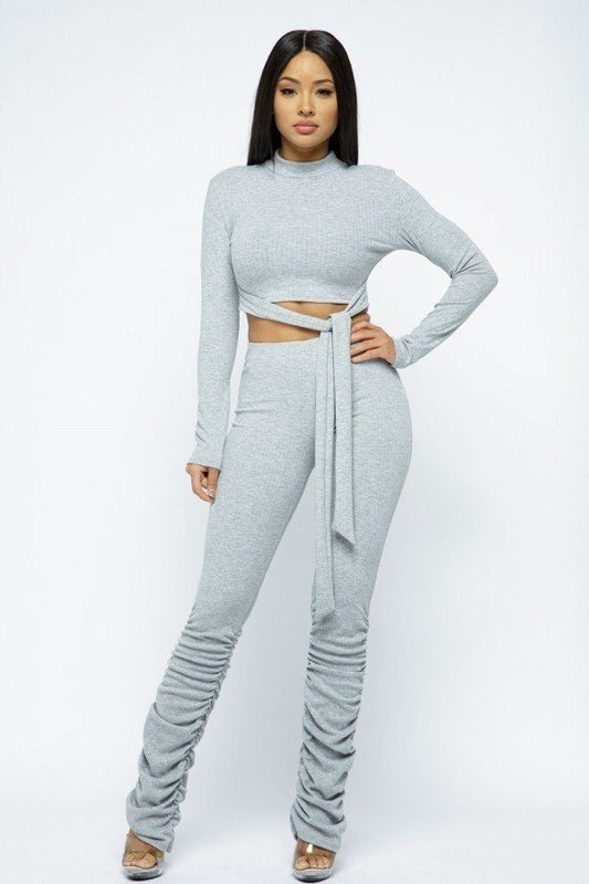 Rib Mock Neck Long Slv Top Ruched Pant Set - Absolute Fashion 2020