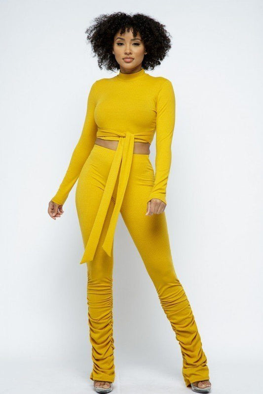 Rib Mock Neck Long Slv Top Ruched Pant Set - Absolute Fashion 2020