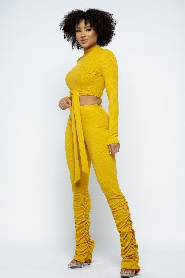 Rib Mock Neck Long Slv Top Ruched Pant Set - Absolute Fashion 2020