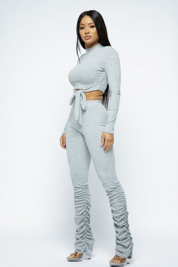 Rib Mock Neck Long Slv Top Ruched Pant Set - Absolute Fashion 2020