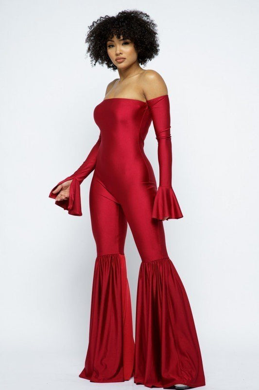 Yoga Off The Shoulder Slit Bell Wide Leg Flare Jumpsuit - Absolute Fashion 2020