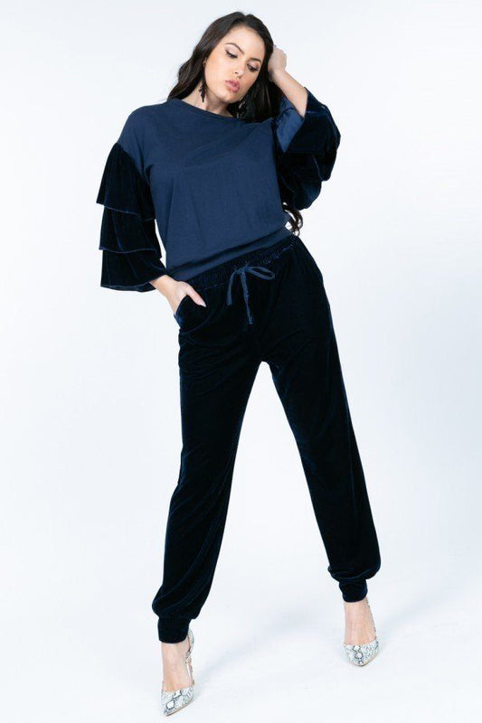 Tiered Velvet Ruffle Sleeve Pullover Crewneck Top - Absolute Fashion 2020