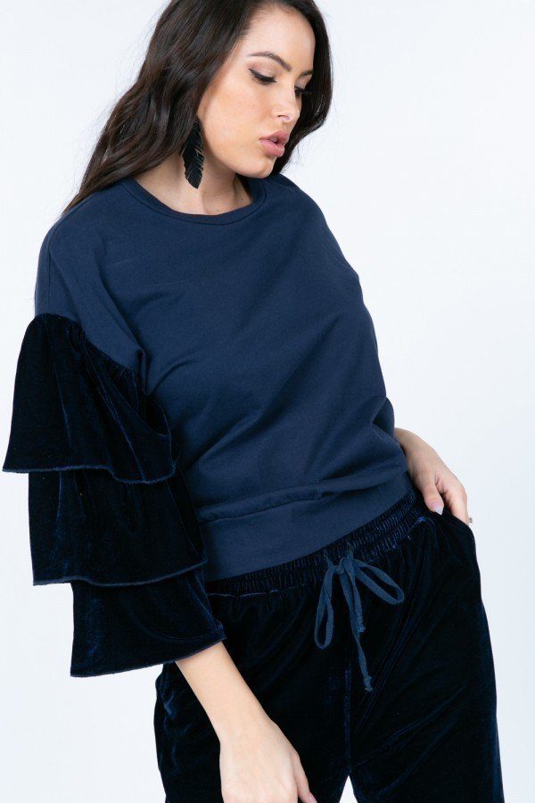 Tiered Velvet Ruffle Sleeve Pullover Crewneck Top - Absolute Fashion 2020