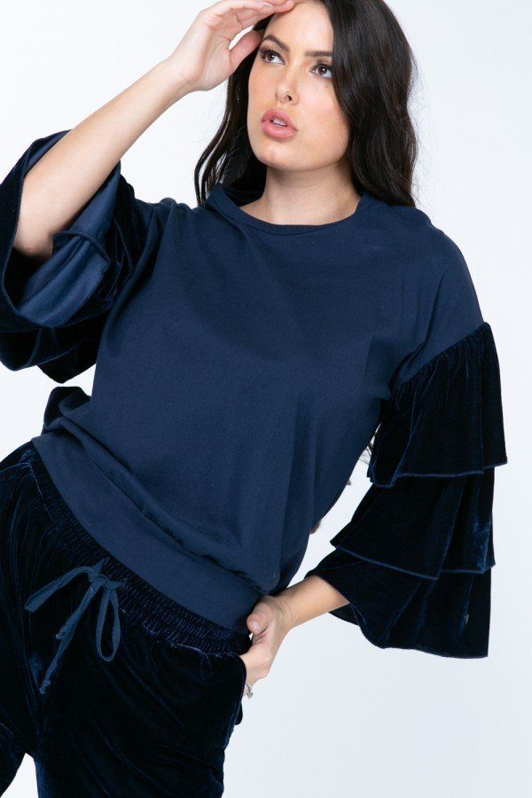 Tiered Velvet Ruffle Sleeve Pullover Crewneck Top - Absolute Fashion 2020